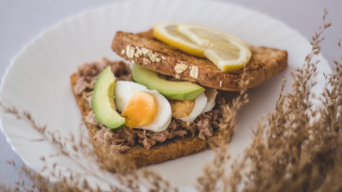 Delicious homemade tuna sandwich with avocado slices and boiled egg on wheat bread.